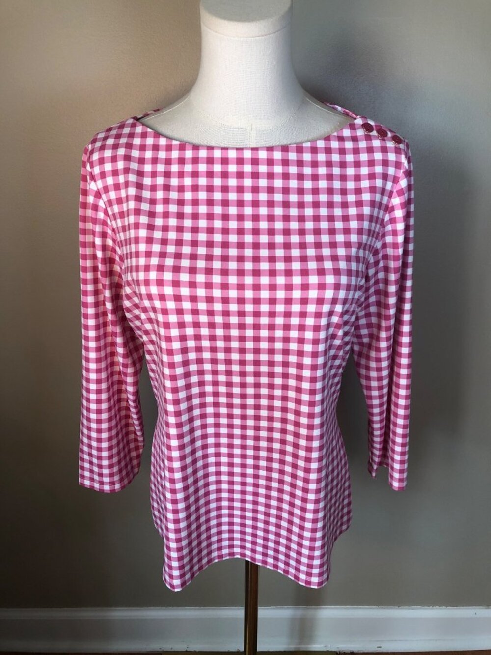 J McLaughlin Wavesong Gingham Top Catalina Cloth Pink Size L Preppy Coastal Chic